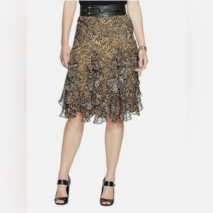 Ralph Lauren Black Brown Georgette Animal Print Ruffle Skirt